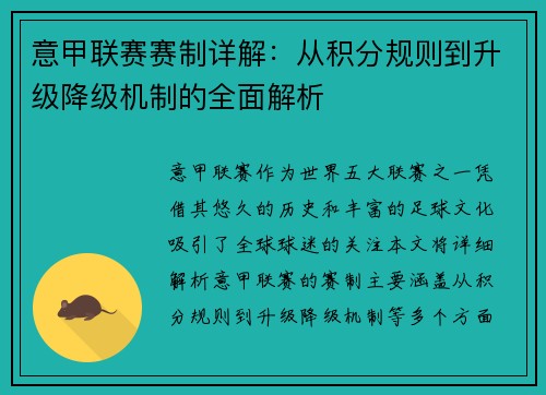 意甲联赛赛制详解：从积分规则到升级降级机制的全面解析