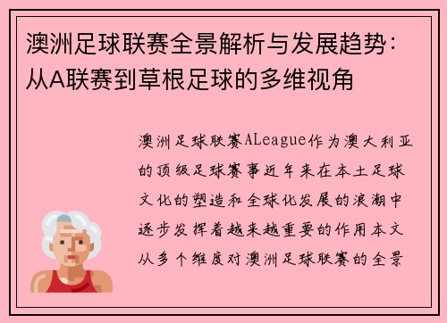 澳洲足球联赛全景解析与发展趋势：从A联赛到草根足球的多维视角