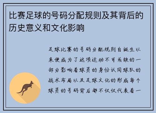 比赛足球的号码分配规则及其背后的历史意义和文化影响