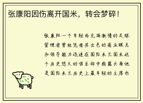 张康阳因伤离开国米，转会梦碎！