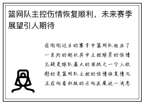 篮网队主控伤情恢复顺利，未来赛季展望引人期待